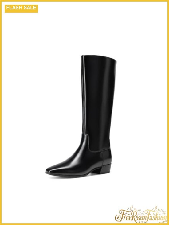 Shoes - Women's Snipped Toe Knee-High Fall Boots Faux Leather Low Block Heel Zip
